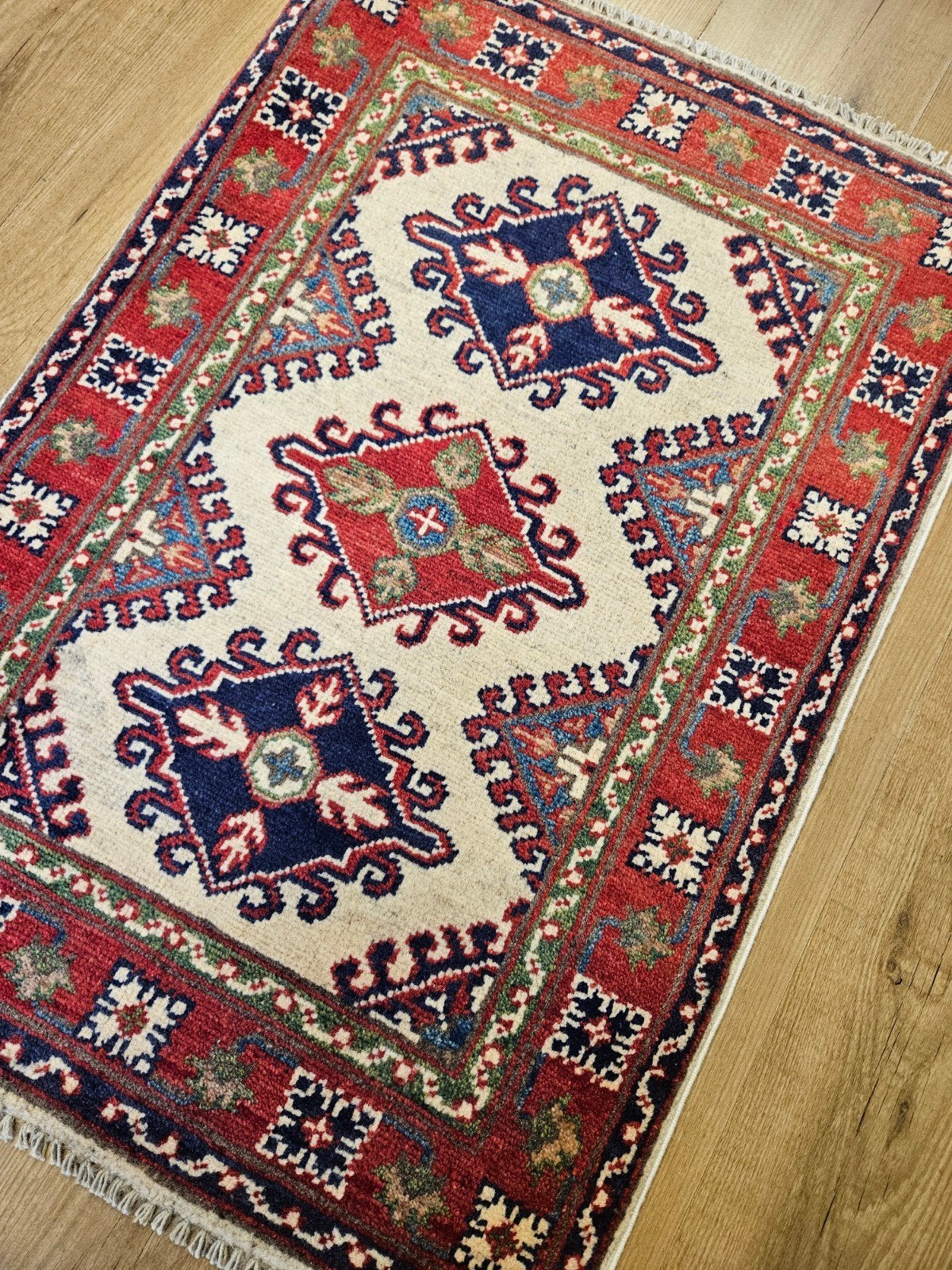 Handgeknoopt oosters tapijt kazak 90x63, Info@SlatsAntiek.nl, 50 tot 100 cm, Perzisch, Vof Slats Antiek