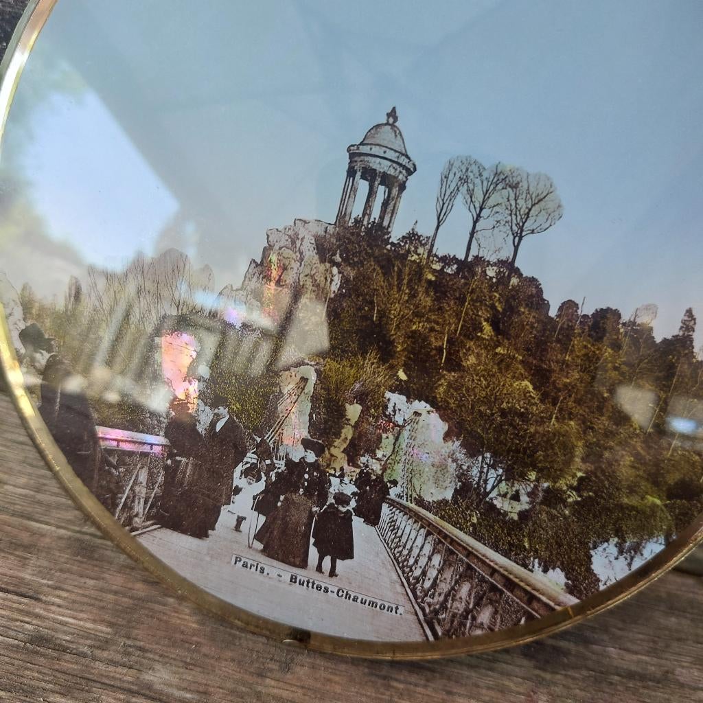 Prachtig antiek bol glas met prent van Parijs, met parelmoer, Ophalen of Verzenden