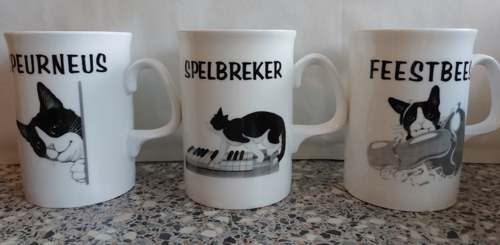 Drie mokken bekers kat Felix Duchess Wit met oor, Gebruikt, Overige merken, Overige stijlen, Porselein