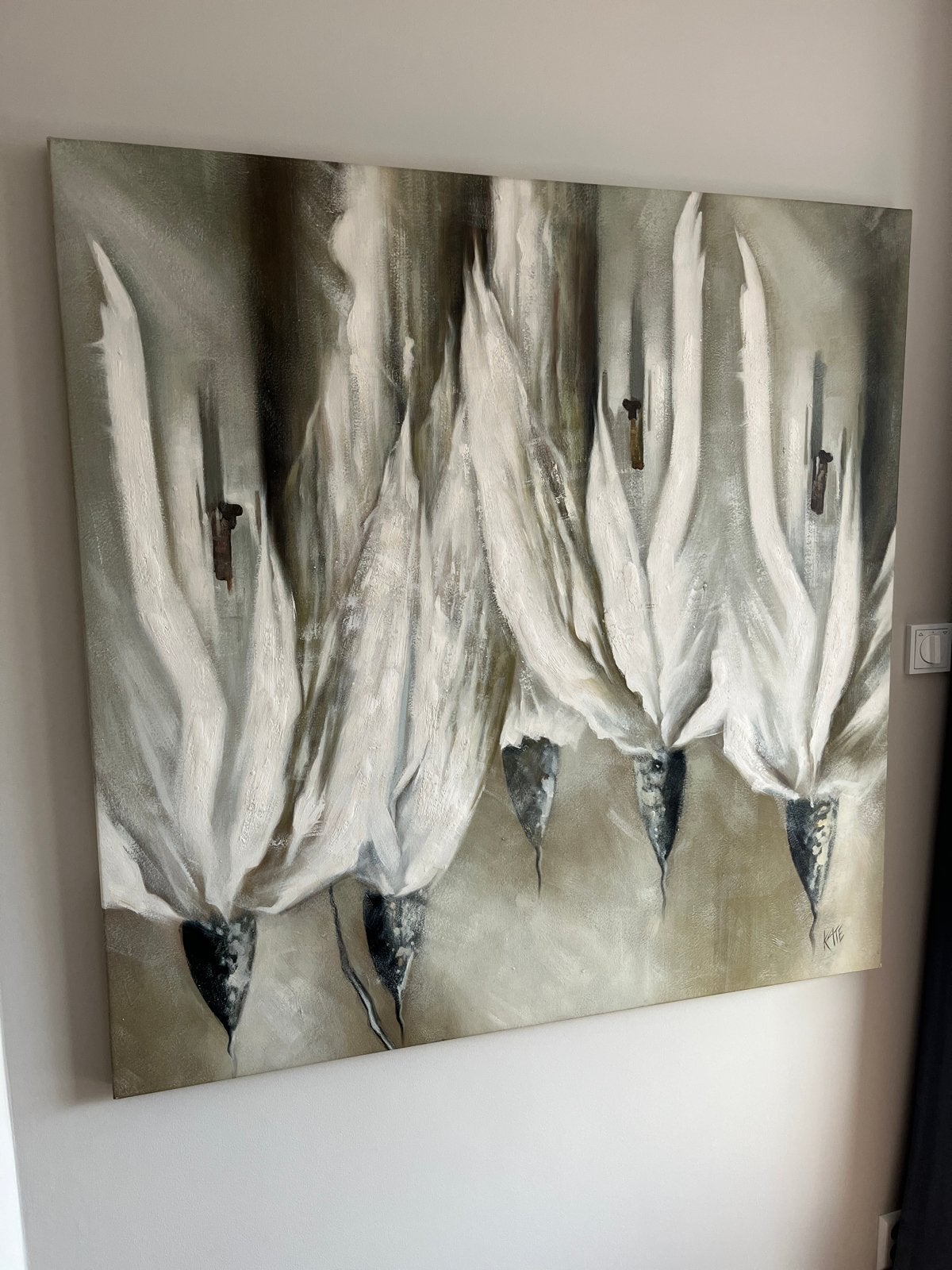 Modern Schilderij: Abstracte Witte Bloemen op Canvas, Antiek en Kunst, Kunst | Schilderijen | Modern, Abstract, Acrylverf, Ophalen of Verzenden