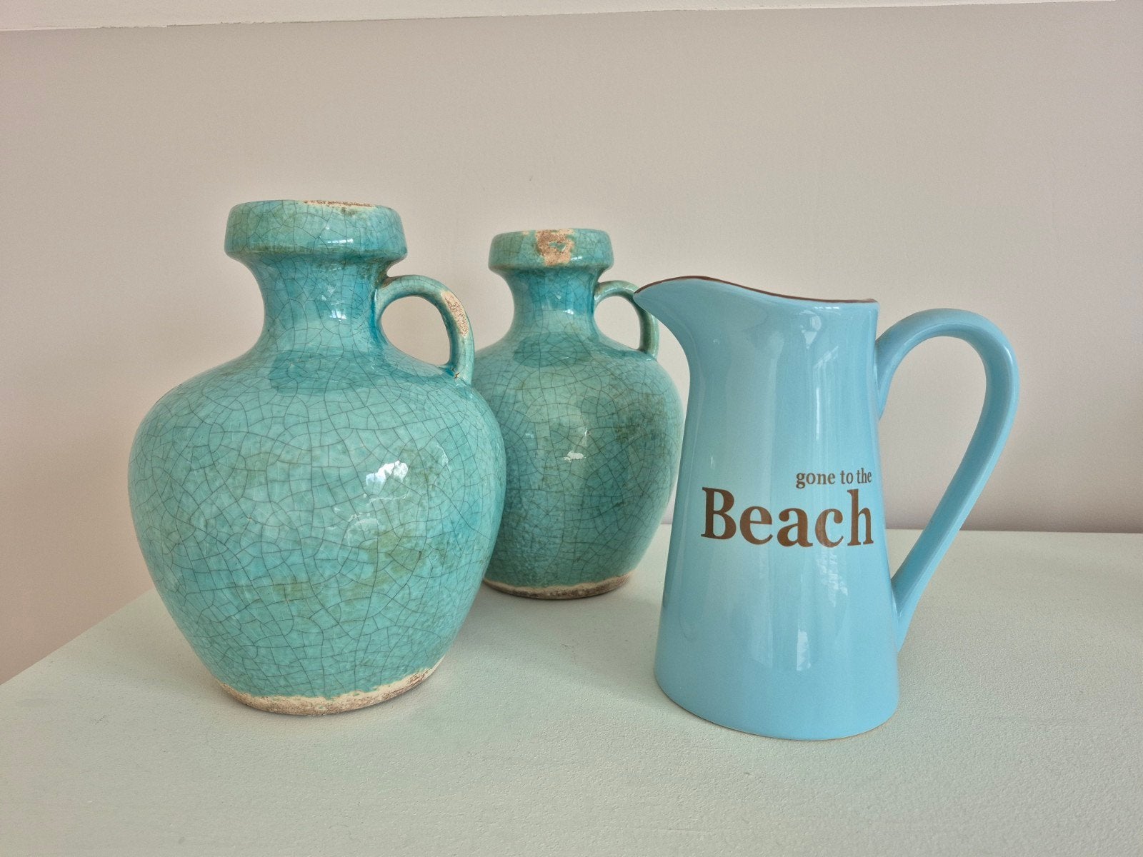 2 turquoise vazen en een kan, Gebruikt, Overige kleuren, Met handvat, Ophalen of Verzenden