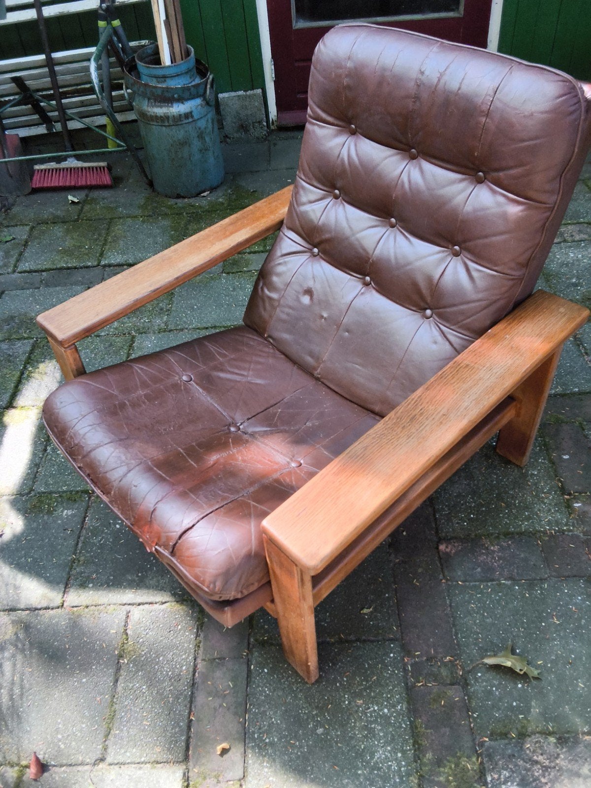 Deens Leren Fauteuil met Houten Frame, Ophalen, Gebruikt, Bruin, Vintage, Retro