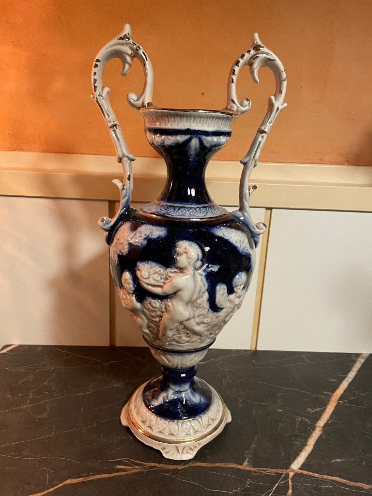 Oud klassiek Italiaanse vaas wit met kobalt blauw porselein, Ophalen