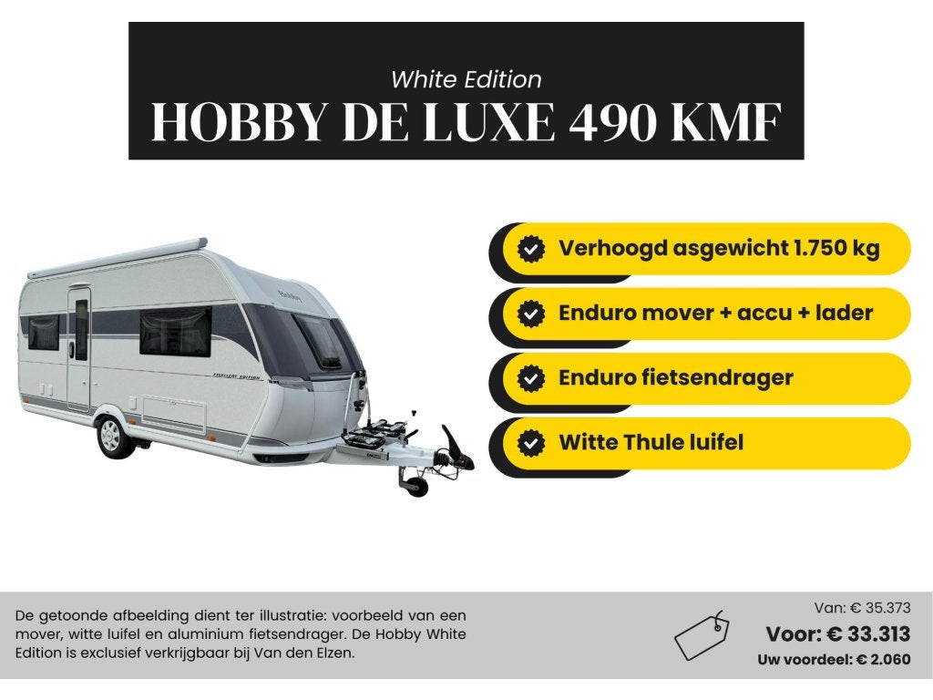 Hobby De Luxe 490 KMF White Edition Actiepakket, Caravans en Kamperen, Caravans, Bedrijf, tot en met 5, 1000 - 1250 kg, Treinzit