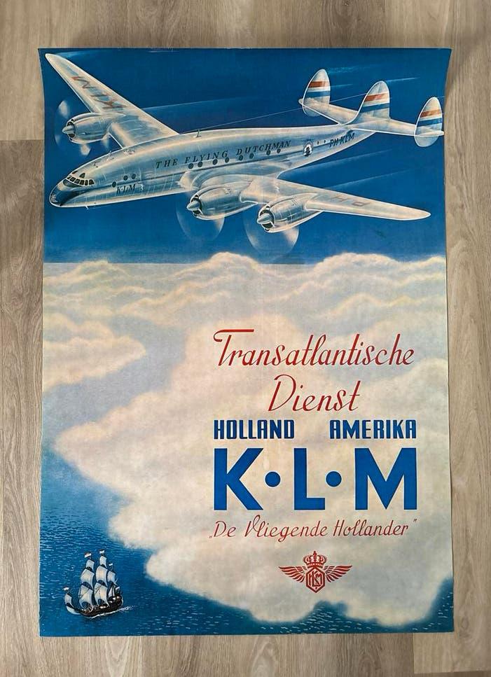 Vintage KLM Transatlantische Dienst Holland Amerika Poster, Rechthoekig Staand, Ophalen of Verzenden, Zo goed als nieuw, A1 t/m A3