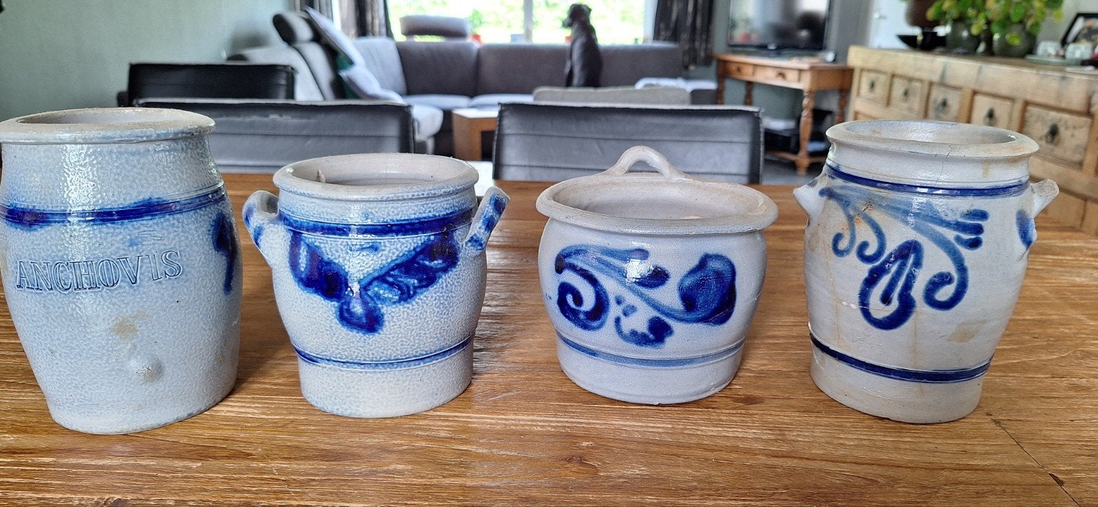 4  potten met blauw decor, mag per stuk verkocht worden, Ophalen of Verzenden
