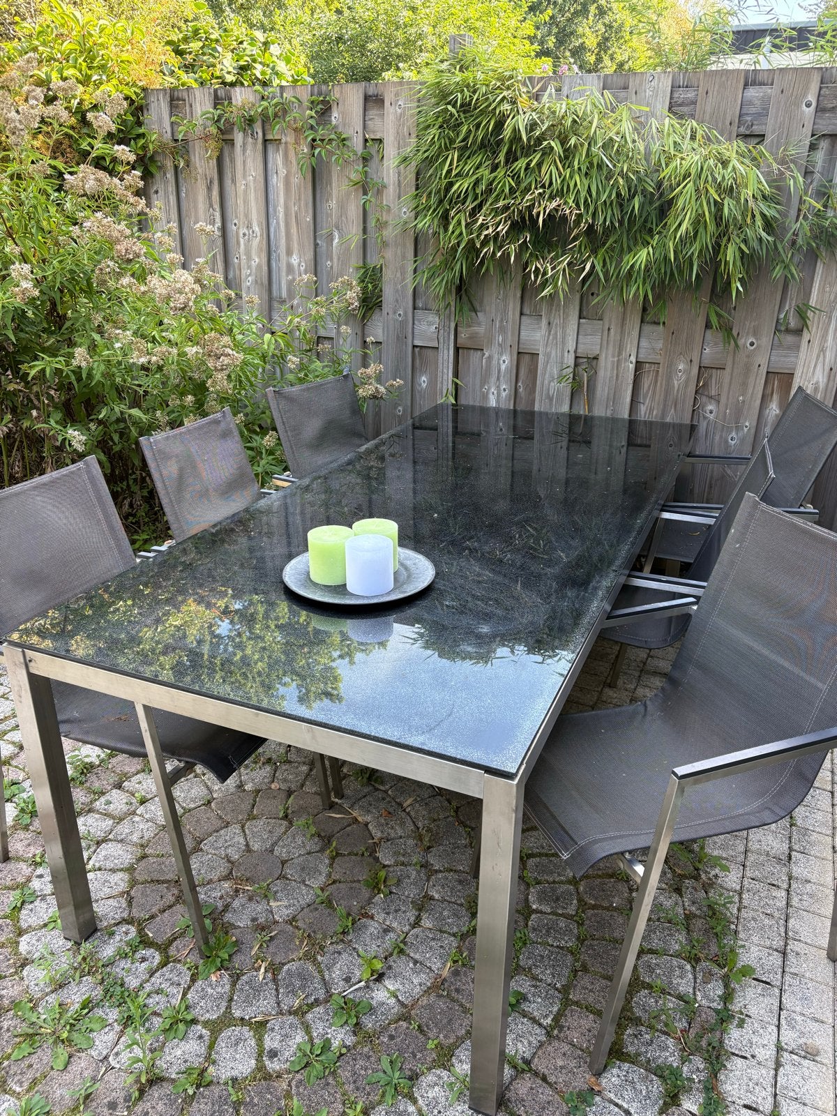 Kees Smit 6-persoons tuintafel RVS met glazen blad, Ophalen, Gebruikt, Rechthoekig, Rvs
