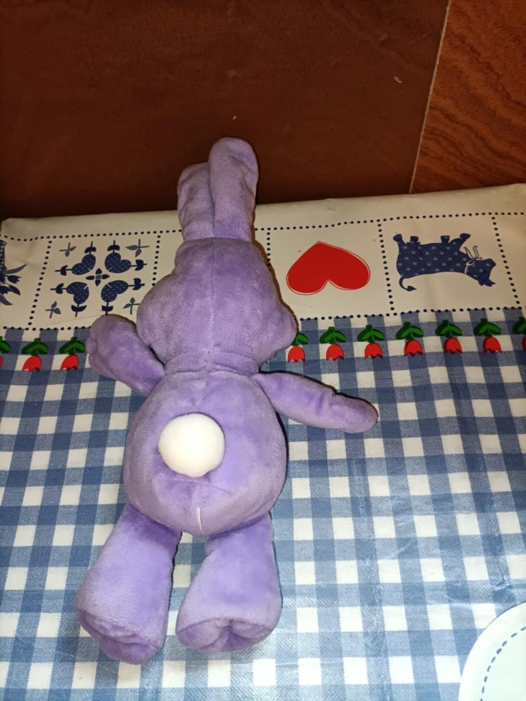Nutricia paars konijn knuffel 30 cm gemeten met oren, Ophalen of Verzenden, Zo goed als nieuw