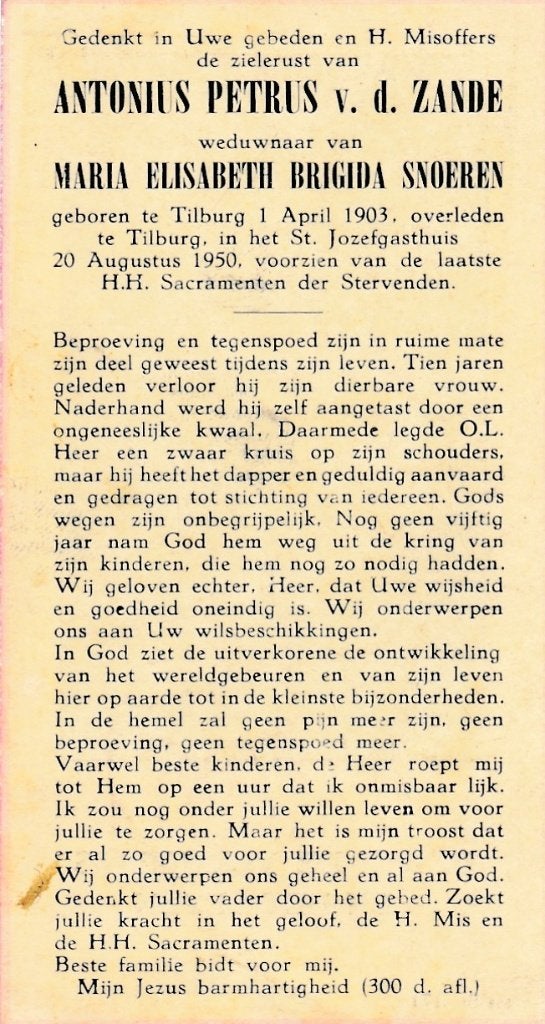 Zande Antonius  1903 Tilburg 1950, Ophalen of Verzenden, Bidprentje