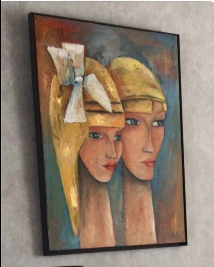 Art deco achtige gezichten olieverf, Ophalen, Abstract, Olieverf, Overige materialen