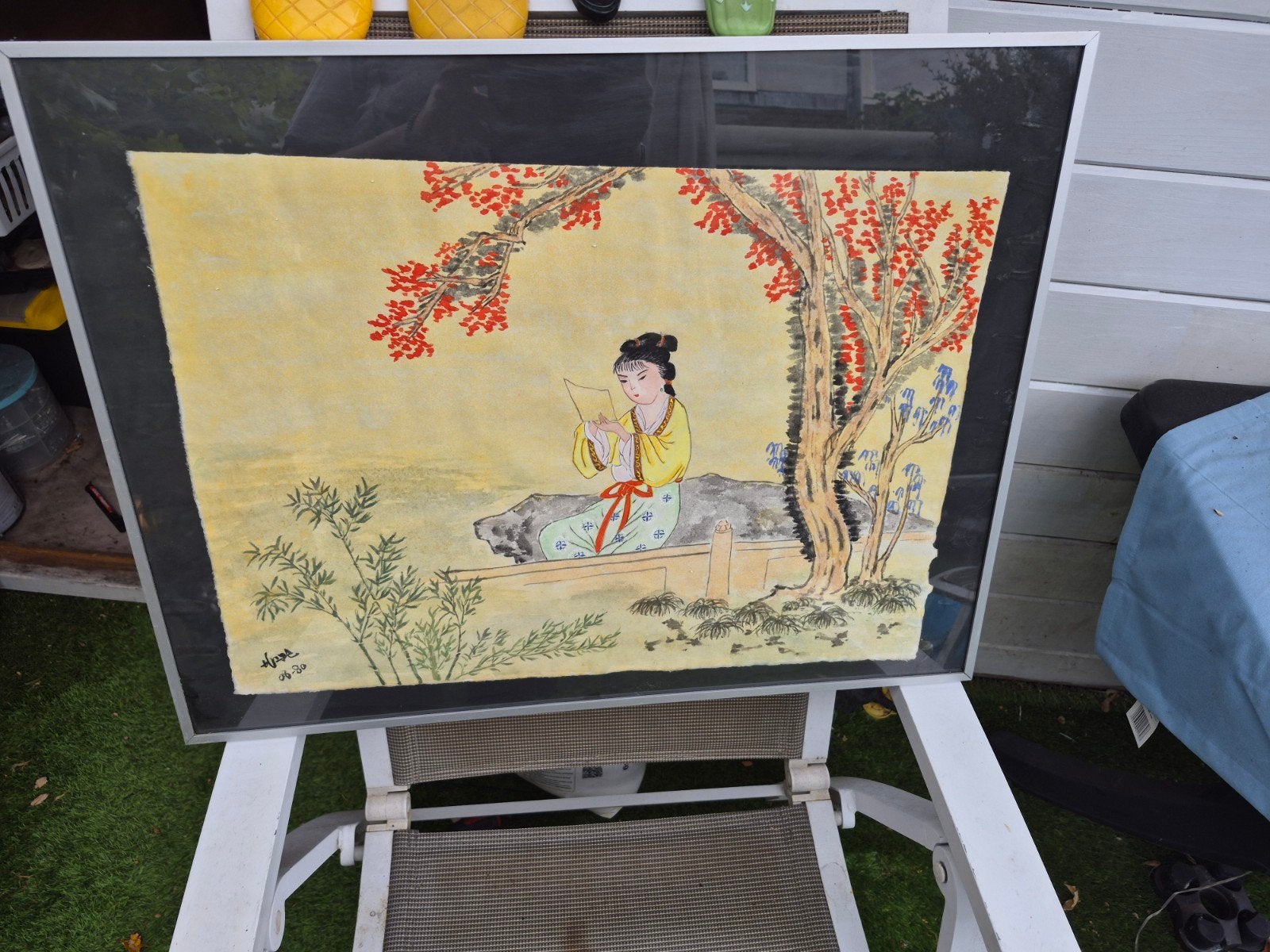 Oosters schilderij van vrouw onder boom, gesigneerd, Schilderij, Ophalen of Verzenden, Papier/karton, Meerkleurig