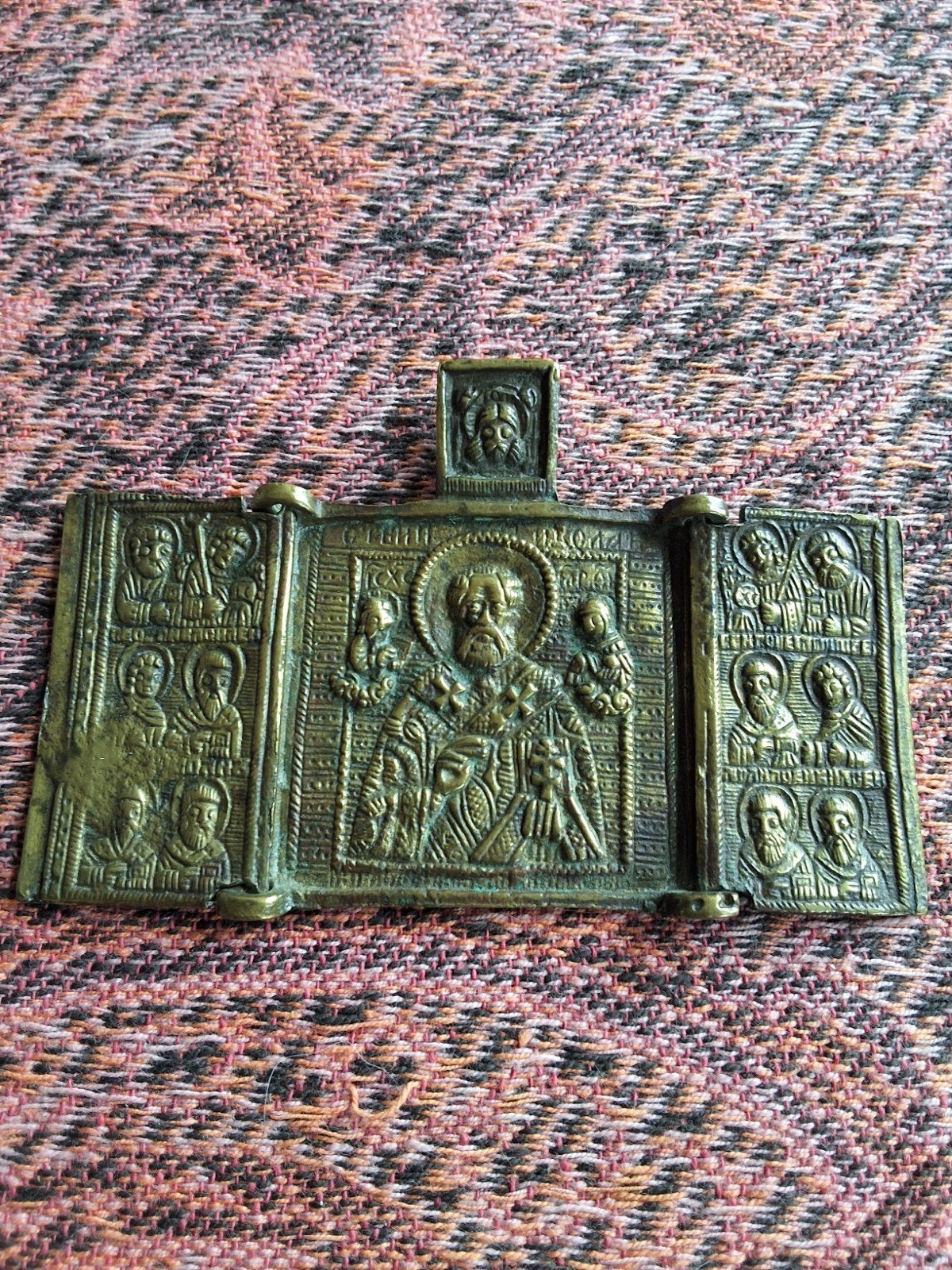 19e-eeuws Russisch-orthodox bronzen reisicoon - Drieluik, Ophalen of Verzenden