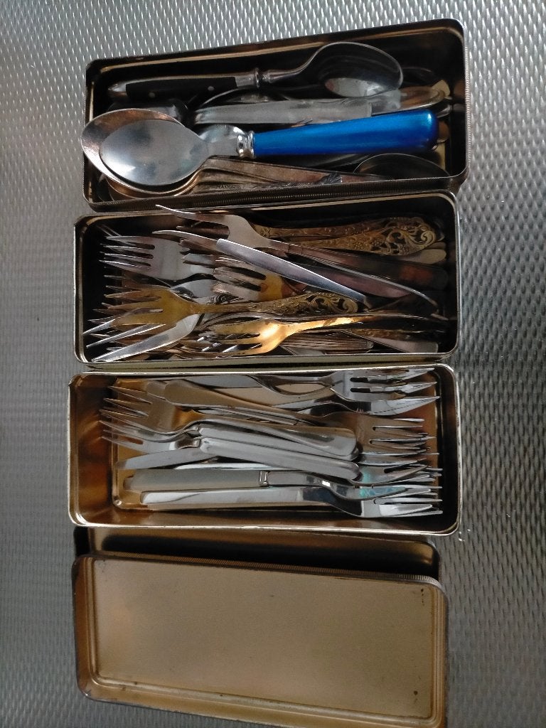 3 blikken met bestek ,vorkjes ,lepeltjes, Ophalen of Verzenden, Rvs of Chroom