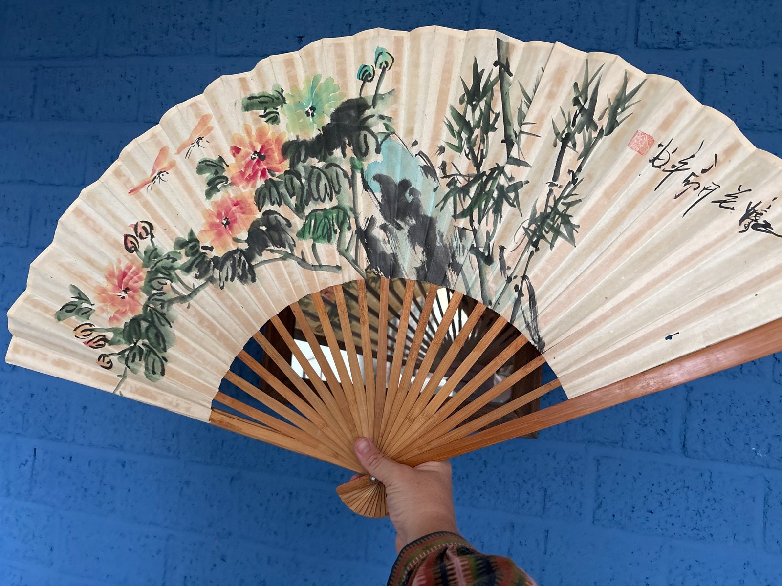Vintage Chinese handwaaier met bamboe en bloemen, Ophalen