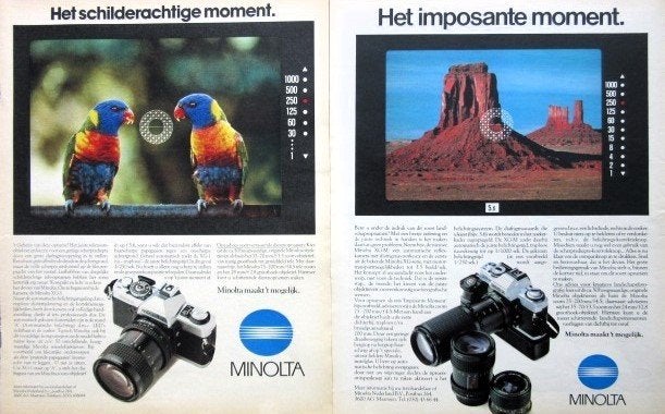 4 vintage advertenties reclames Minolta camera 1981 foto, Ophalen of Verzenden, Gebruikt, Overige typen
