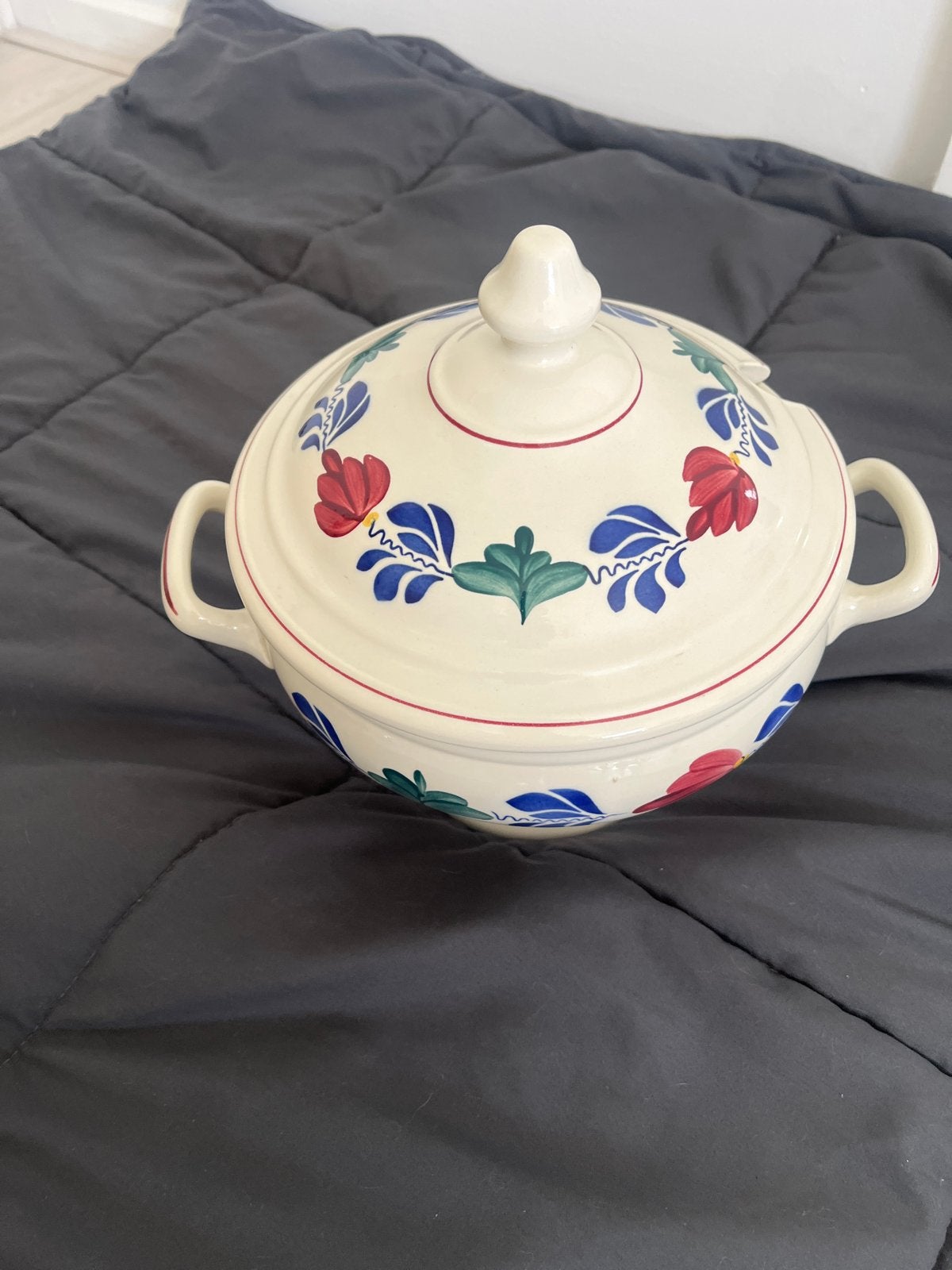Vintage Boerenbont Soepterrine met Deksel en Lepel, Ophalen, Zo goed als nieuw, Aardewerk, Landelijk/Boerenbont