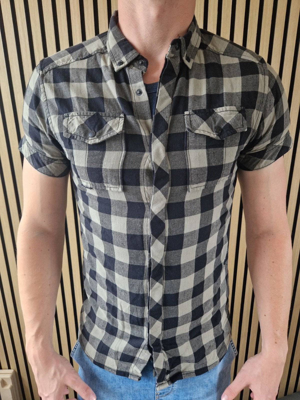Geruit overhemd van THE STING met korte mouwen - Zwart/Beige, Kleding | Heren, Onbekend, Zwart, Gedragen, Halswijdte 39/40 (M)