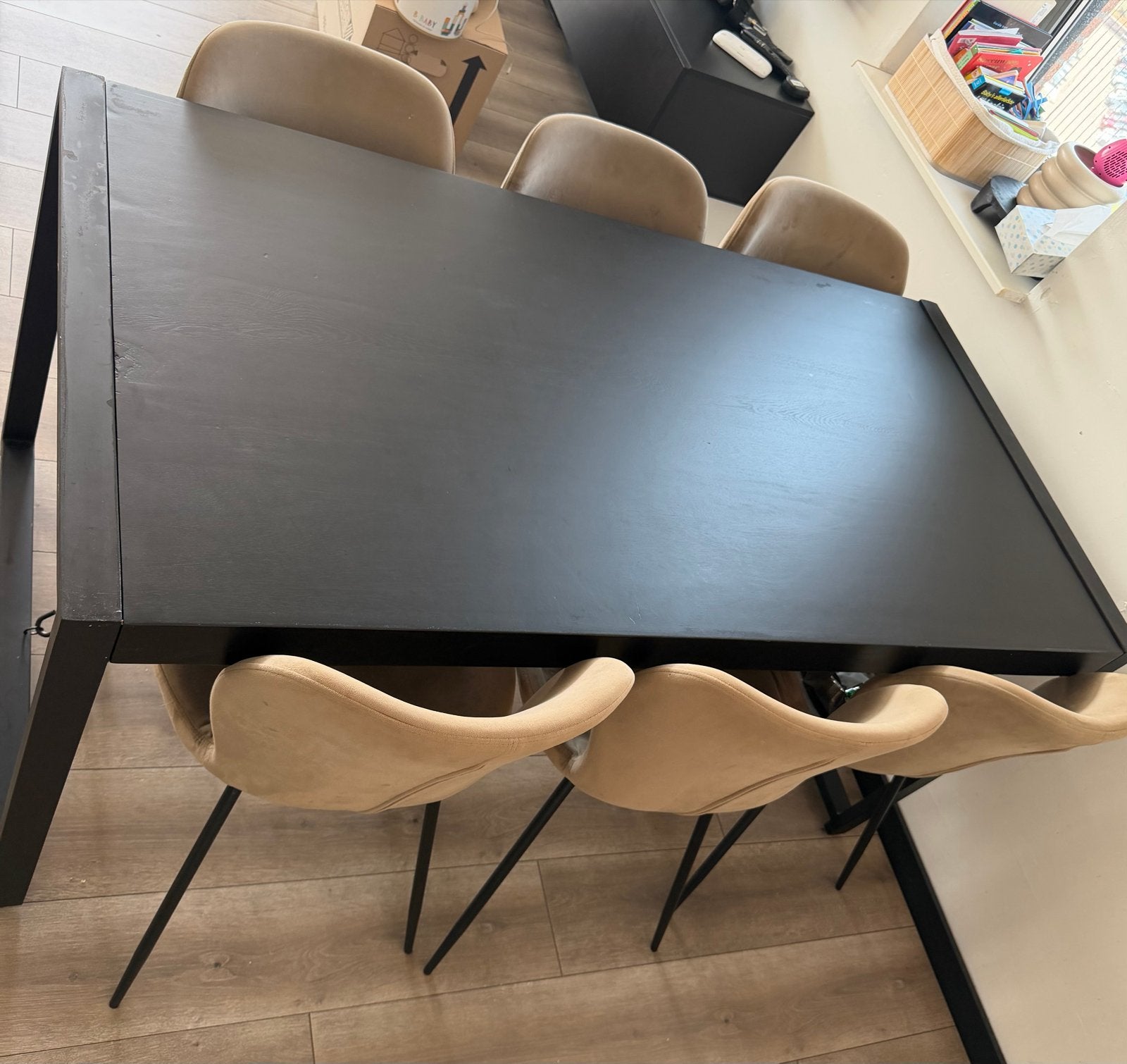 Eettafel 160x80cm met 6 stoelen en salontafel 110x60cm, Ophalen, Gebruikt, 50 tot 100 cm, Vijf personen of meer
