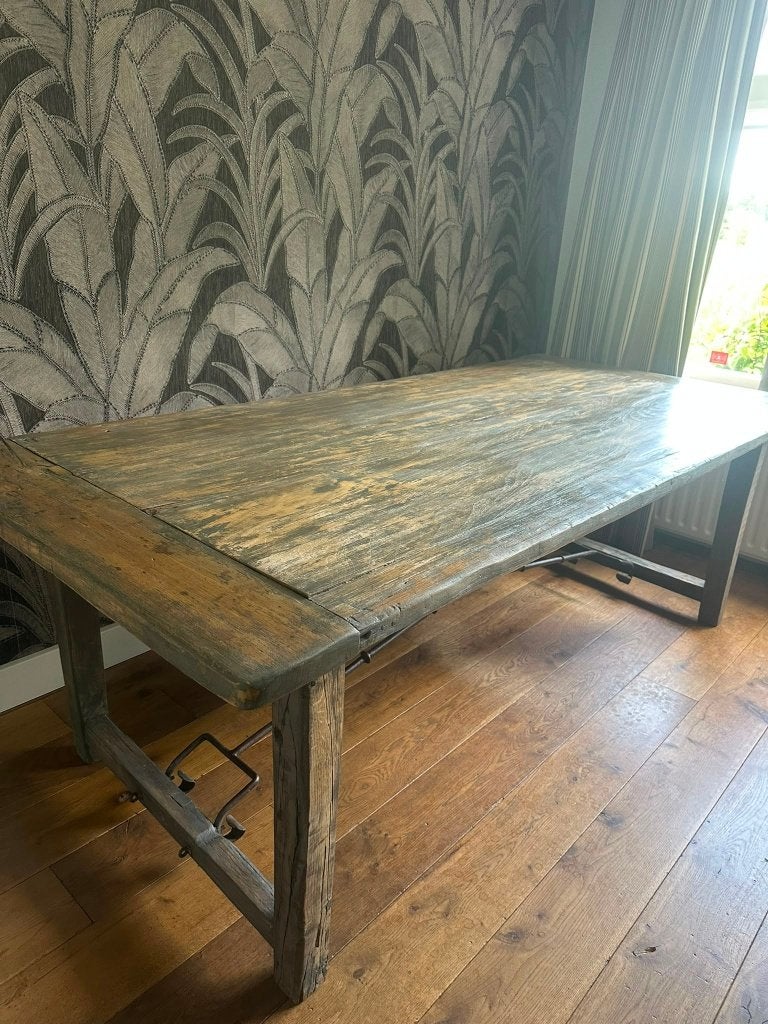 Mooie, ruime eettafel, massief oud hout, Ophalen, Gebruikt, 100 tot 150 cm, Massief hout