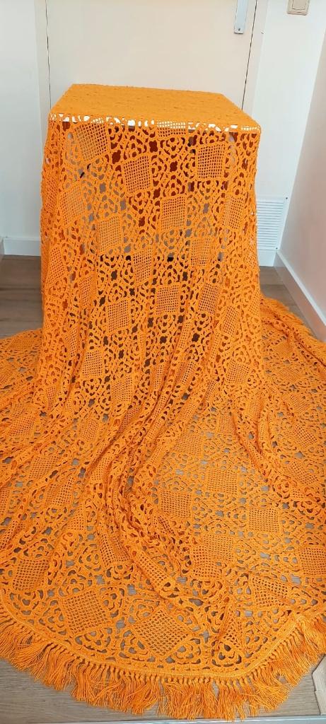 Vintage oranje 70s chenille sprei plaid kleed deken, Huis en Inrichting, Woonaccessoires | Plaids en Woondekens, Eu, Eu, Ophalen of Verzenden