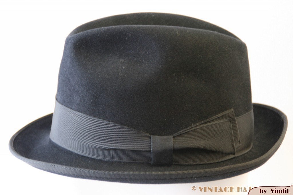 Vintage Gleufhoed Fedora Mayser zwart 55 = S tot XS, Ophalen of Verzenden, Hoed, Mayser, 57 cm (M, 7⅛ inch) of minder
