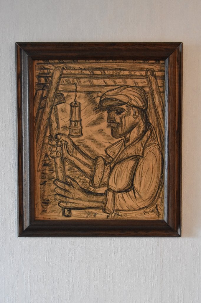 Schilderij houtskool tekening mijnwerker, Ophalen, 50 tot 75 cm, Zo goed als nieuw, Schilderij