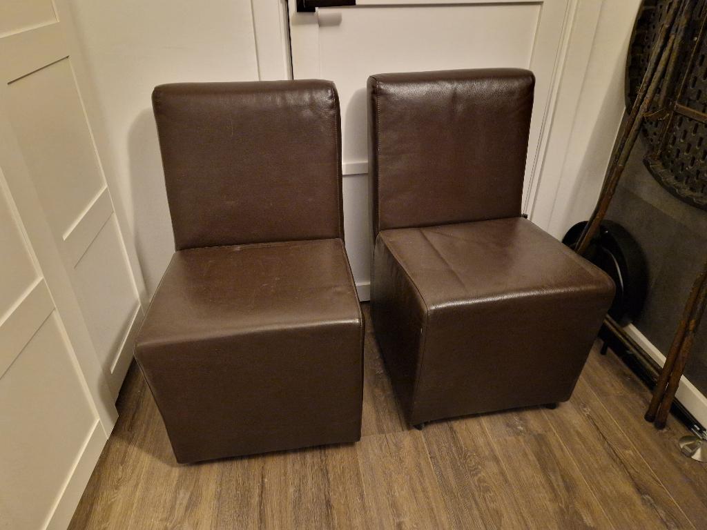 2 Luxe Bruine Leren Eetkamerstoelen op Wieltjes, Ophalen, Gebruikt, Twee, Bruin
