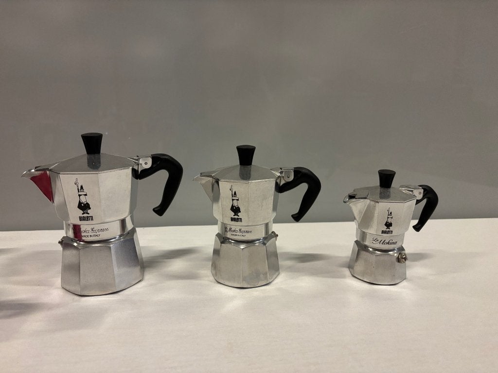 6 Bialetti percolators, Moka Express en Rainbow, met doos, Niet bekend (tweedehands product), Zilver, Ophalen of Verzenden, Metaal
