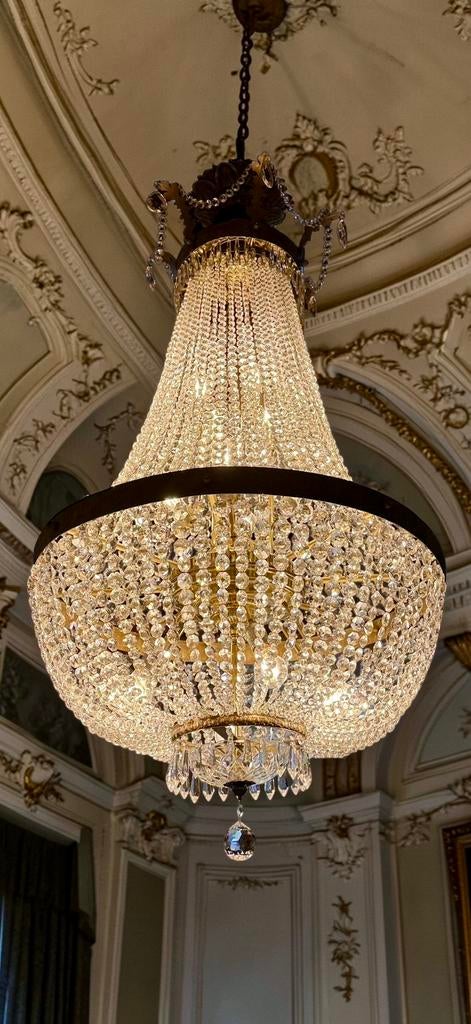 Zeer grote exclusieve luxe kristallen kroonluchter, Huis en Inrichting, Lampen | Kroonluchters, Zo goed als nieuw, Glas, Metaal