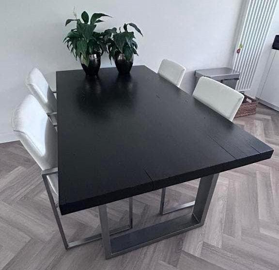 Zwarte Goossens eettafel met 4 stoelen, Ophalen, 50 tot 100 cm, Zo goed als nieuw, 150 tot 200 cm