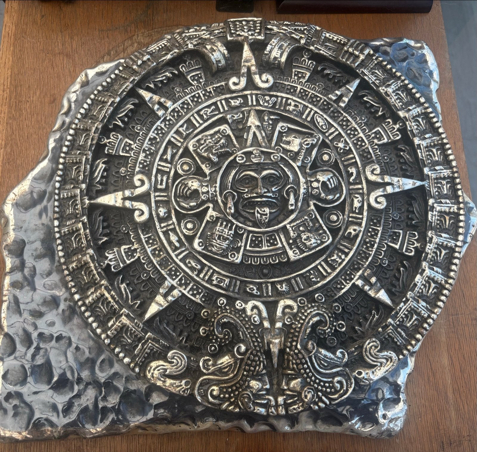 Prachtige Azteekse Kalender 37x 36cm  - zilver, Zilver, Overige onderwerpen, Ophalen of Verzenden, Handgemaakt