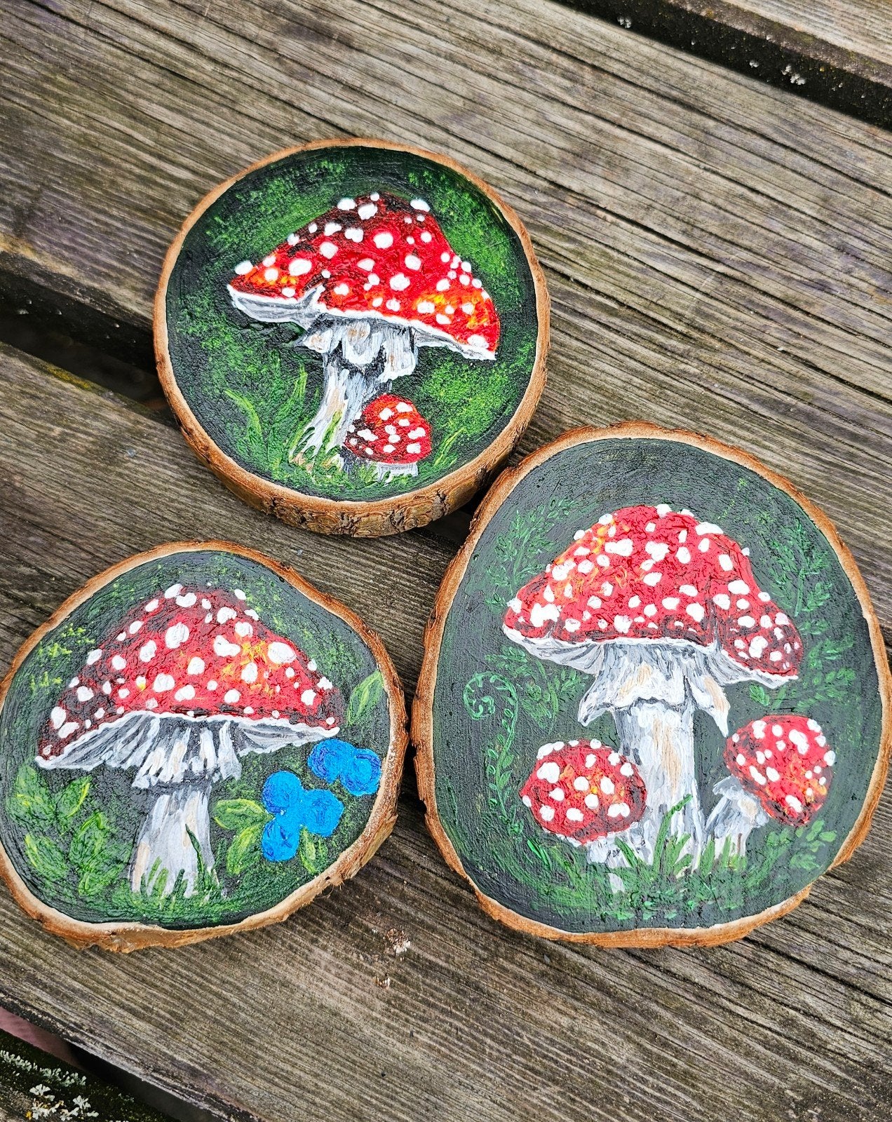 Unieke Bos Paddenstoelen Decoratie op Natuurlijk Hout – 3st, Ophalen of Verzenden