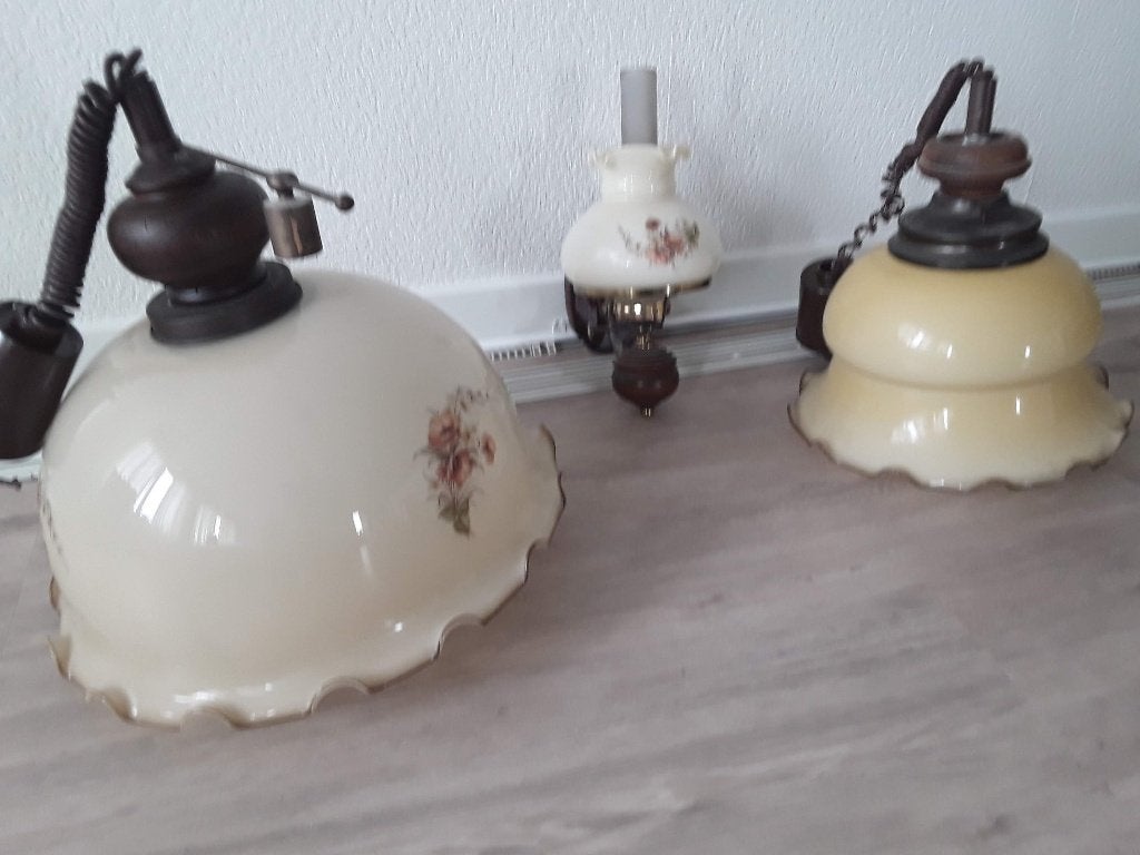 2 glazen Hanglampen en 1 glazen Wandlamp, Ophalen, Gebruikt, Glas, Overige typen