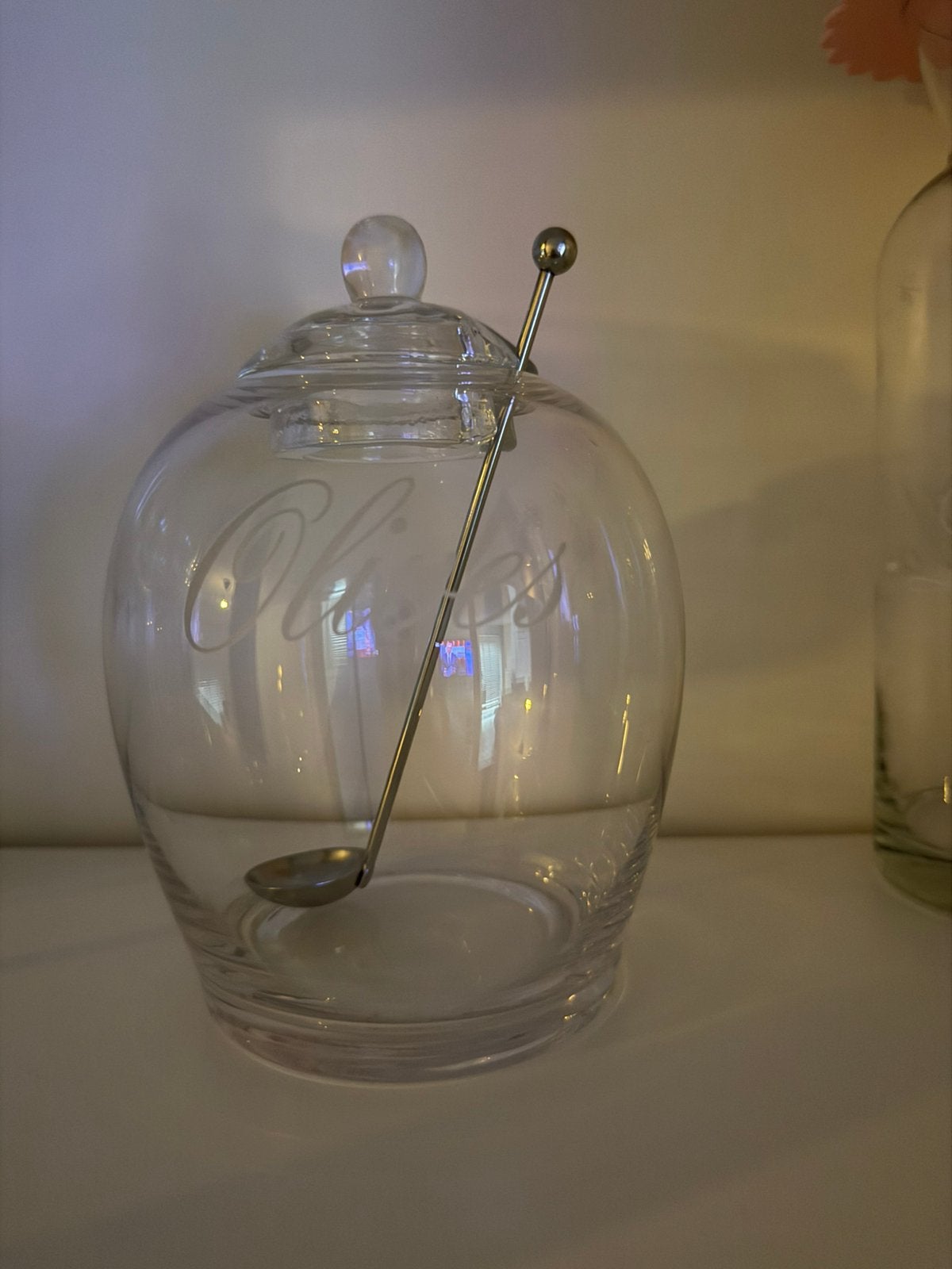 Riviera Maison Glazen pot met deksel en lepel voor olive, Met deksel, Rond, Pot of Kruik, Ophalen of Verzenden