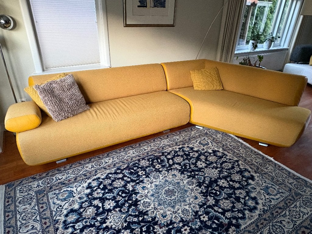 Leolux Guadalupe Hoekbank - Geel Leer en Stof, Ophalen, Modern design, Gebruikt, 100 tot 125 cm