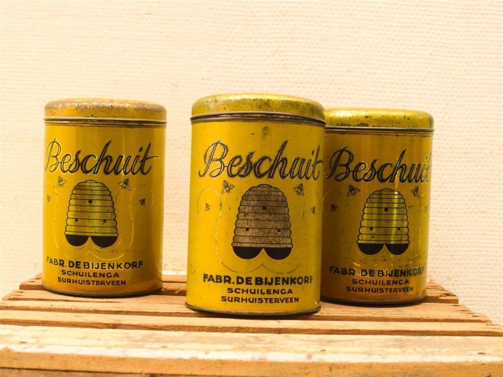 Vintage beschuitblikken Fabr. De Bijenkorf 52093