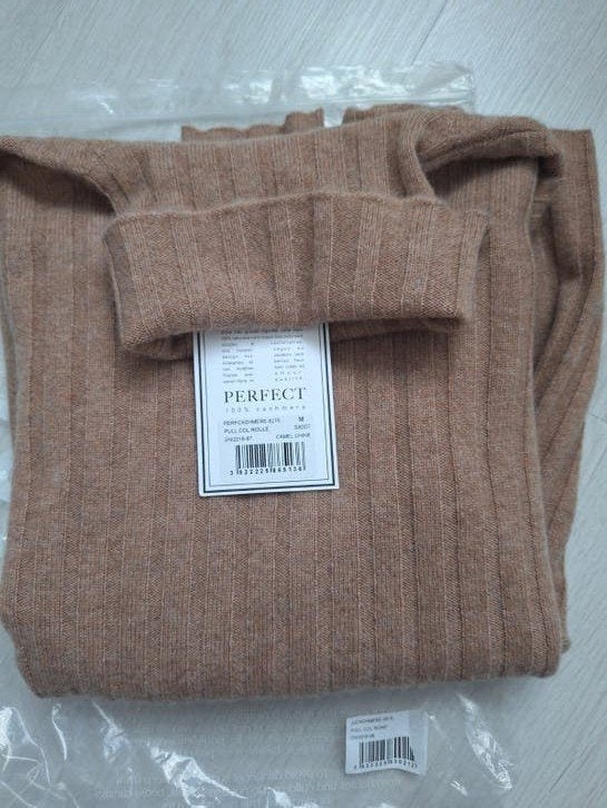 Perfect Cashmere camel beige geribte kasjmier trui maat S M, Kleding | Dames, Verzenden, Beige, Perfect Cashmere, Zo goed als nieuw