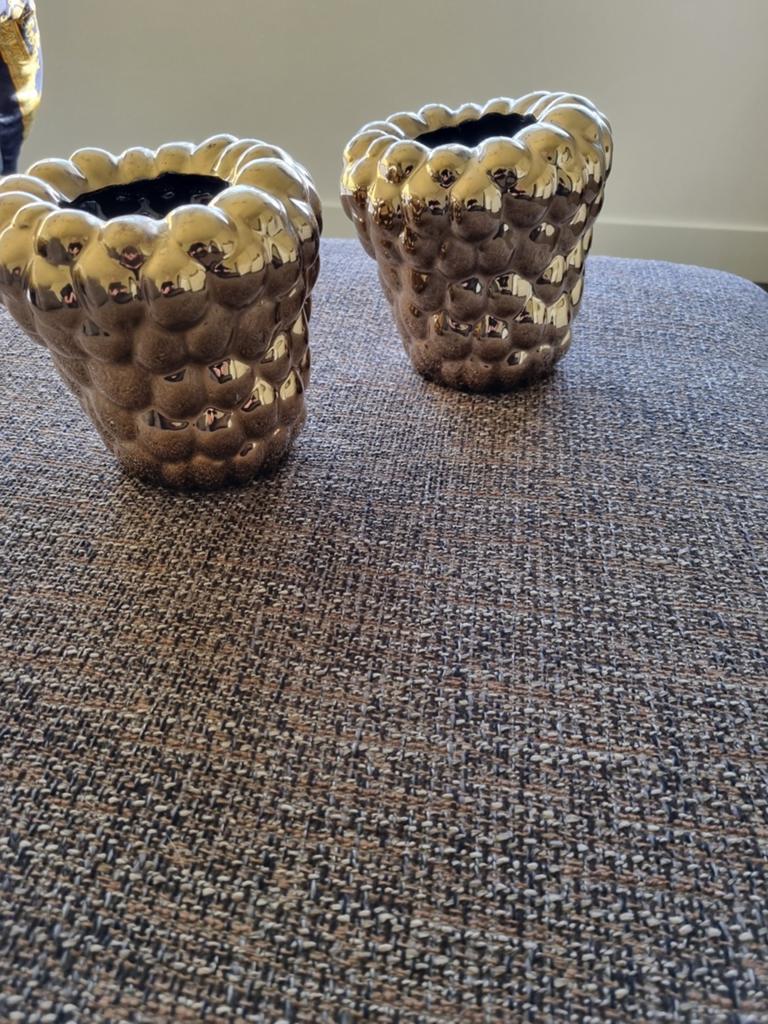 2x gouden bloempotten,  15 cm hoog, nieuw, Ophalen of Verzenden, Nieuw, Overige kleuren, Overige materialen