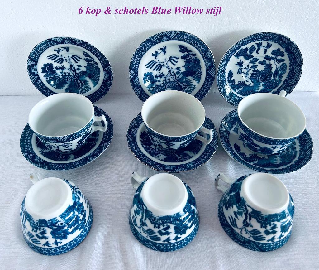 Teab 6 kop & schotels Blue Willow stijl Blauw Wit servies, Ophalen
