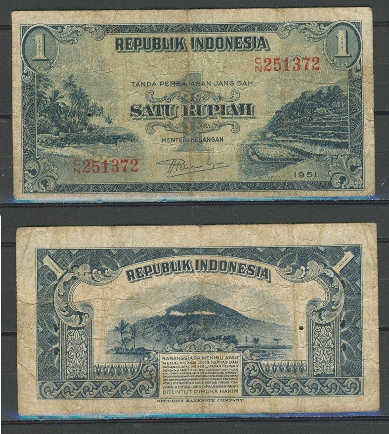 Indonesië 1 Rupiah Roepiah 1951  Biljet c-394 jdu    , Ophalen of Verzenden, Zuidoost-Azië, Los biljet