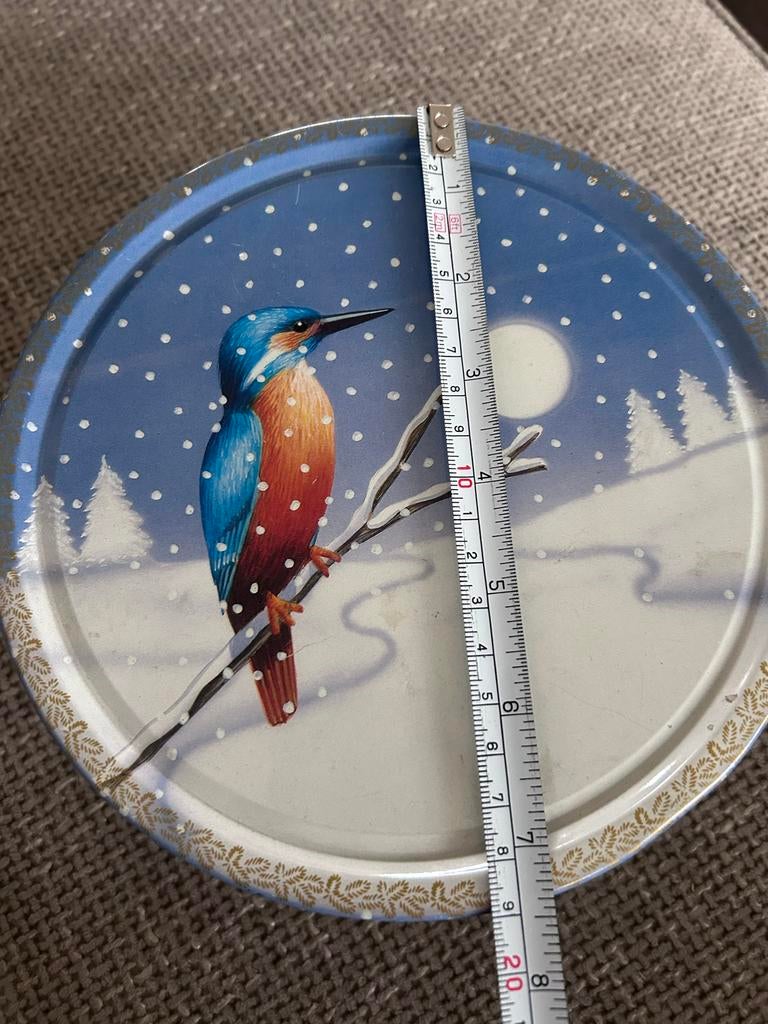 Vintage blikken trommel vogelprint ijsvogel specht vogel, Ophalen of Verzenden