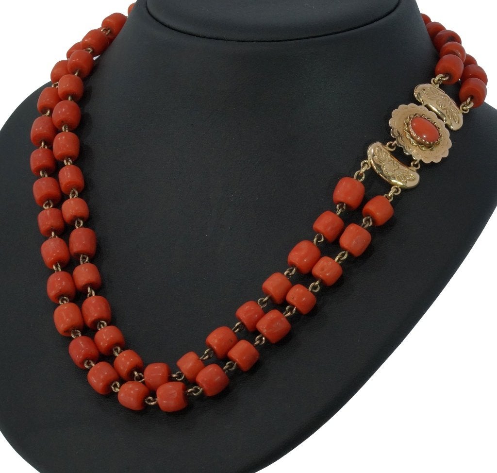 Bloedkoraal antieke ketting 14k slot goud en draad uniek, Ophalen of Verzenden, Goud, Ketting, Met edelsteen