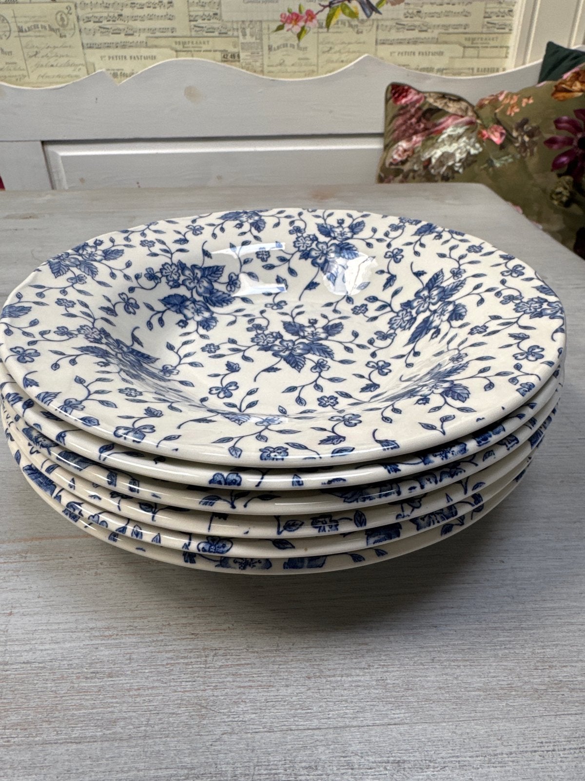 Royal Tudor Bouquet Grindley Blauw - 6 Diepe Borden, Ophalen of Verzenden