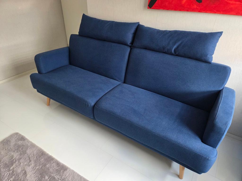 In nieuwstaat verkerende donker blauwe slaapbank, Ophalen, 90 cm, Blauw, 210 cm