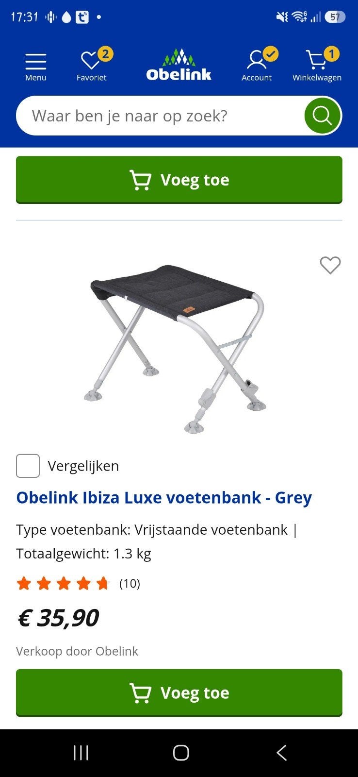 Obelink Ibiza Luxe voetenbank - Grijs (2 stuks), Caravans en Kamperen, Ophalen, Zo goed als nieuw