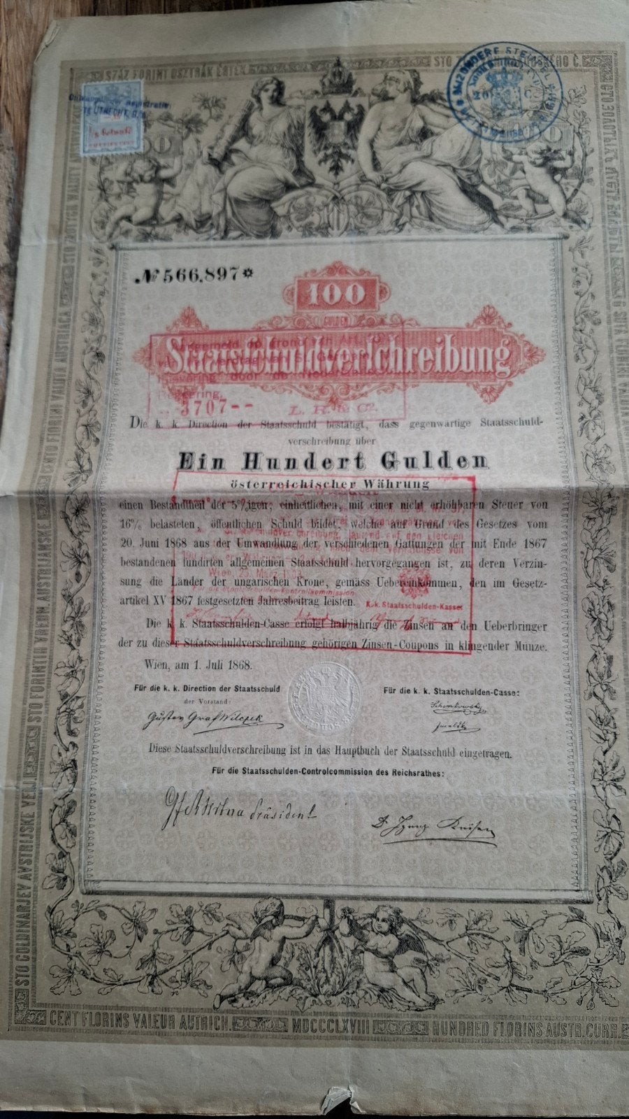 Oostenrijkse Staatsobligatie 100 Gulden (1868), Ophalen of Verzenden, Voor 1920, Obligatie of Lening