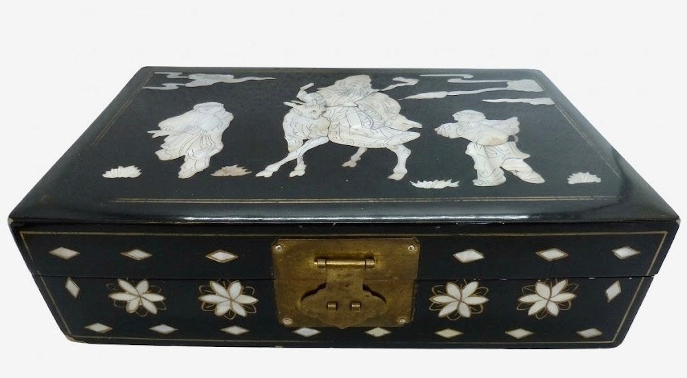 Vintage Lakdoos, Sieradendoos Parelmoer Inlegwerk & Spiegel., Antiek en Kunst, Verzenden