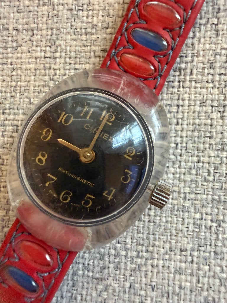 Vintage 70s Cimier "Space Age" Acrylic Mechanical Watch, Zwart, Ophalen of Verzenden, Android, Gebruikt