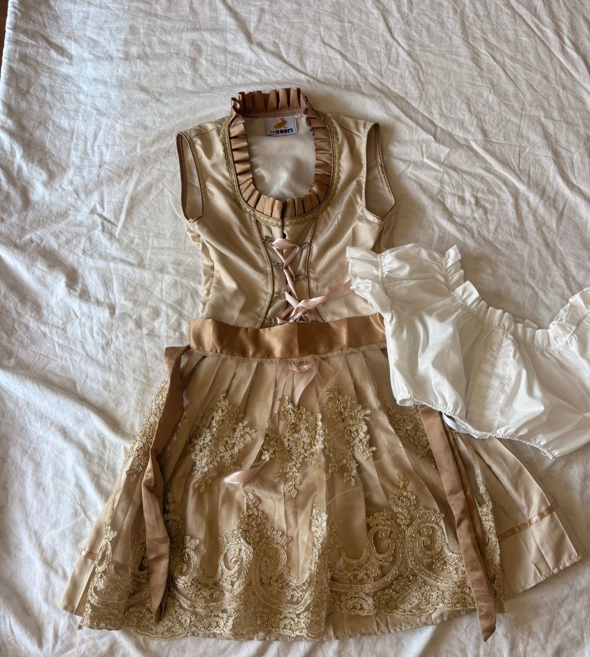 Dirndl met Losse Blouse en Schort - Oktoberfest Kleding, Maat 38/40 (M), Verzenden, Beige, Knielengte