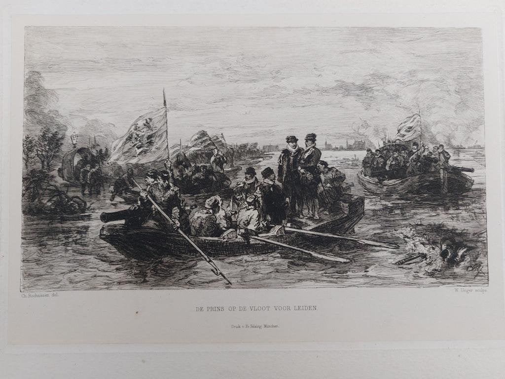 26 / De Prins op de vloot voor Leiden Ets uit de19e eeuw, Antiek en Kunst, Kunst | Etsen en Gravures, Ophalen of Verzenden